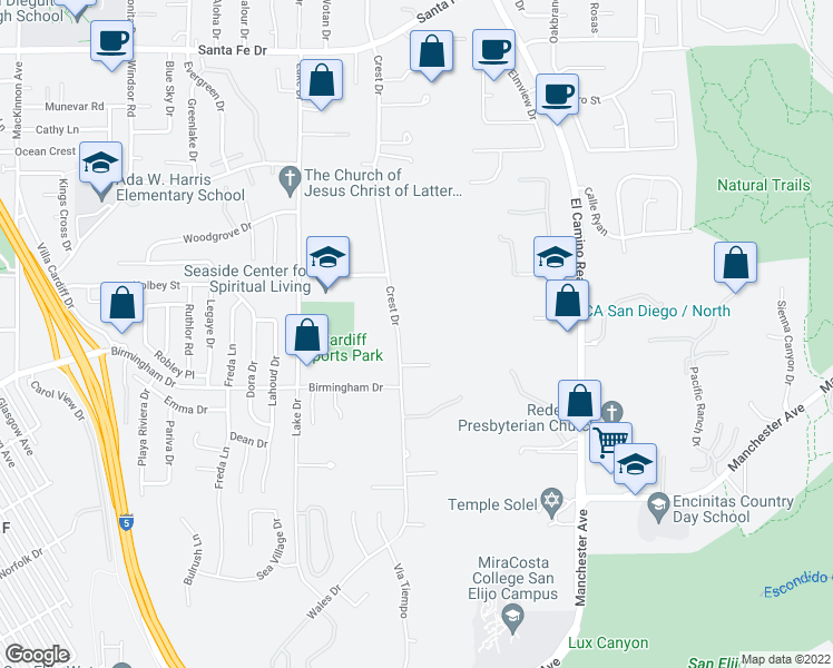 map of restaurants, bars, coffee shops, grocery stores, and more near 1697 Crest Drive in Encinitas