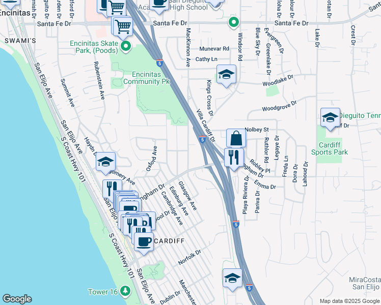 map of restaurants, bars, coffee shops, grocery stores, and more near 1804 Mackinnon Avenue in Encinitas