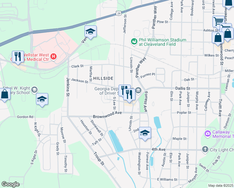map of restaurants, bars, coffee shops, grocery stores, and more near 609 South Lee Street in LaGrange