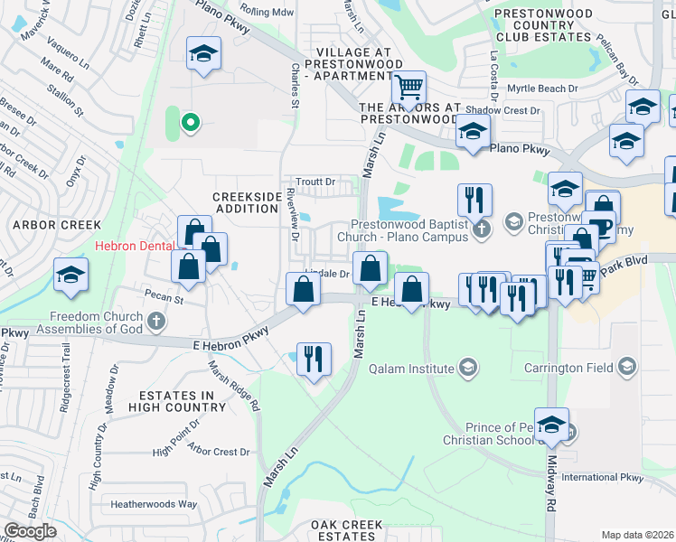 map of restaurants, bars, coffee shops, grocery stores, and more near 2933 Lindale Drive in Carrollton