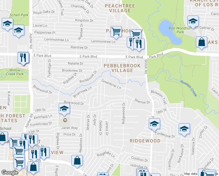 map of restaurants, bars, coffee shops, grocery stores, and more near 3210 Greenbriar Circle in Plano