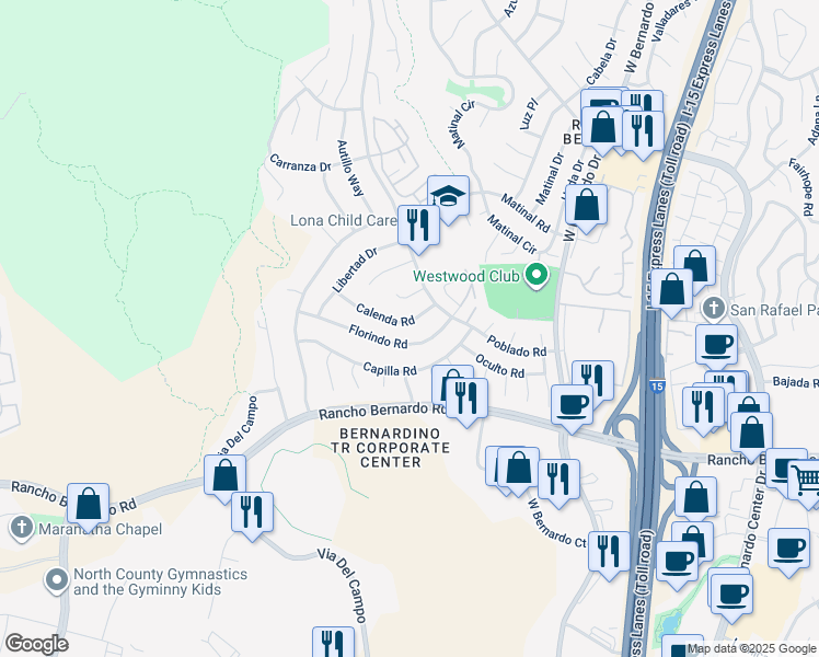map of restaurants, bars, coffee shops, grocery stores, and more near 11325 Calenda Road in San Diego
