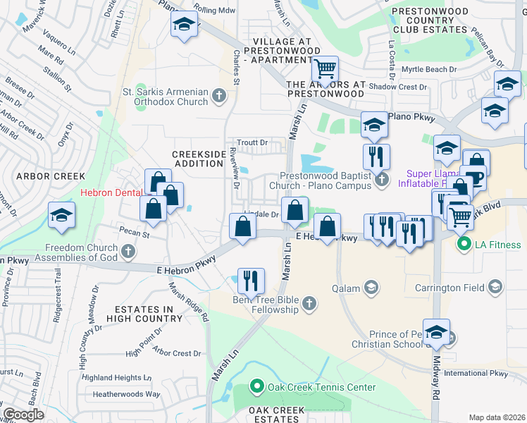 map of restaurants, bars, coffee shops, grocery stores, and more near 2933 Lindale Drive in Carrollton