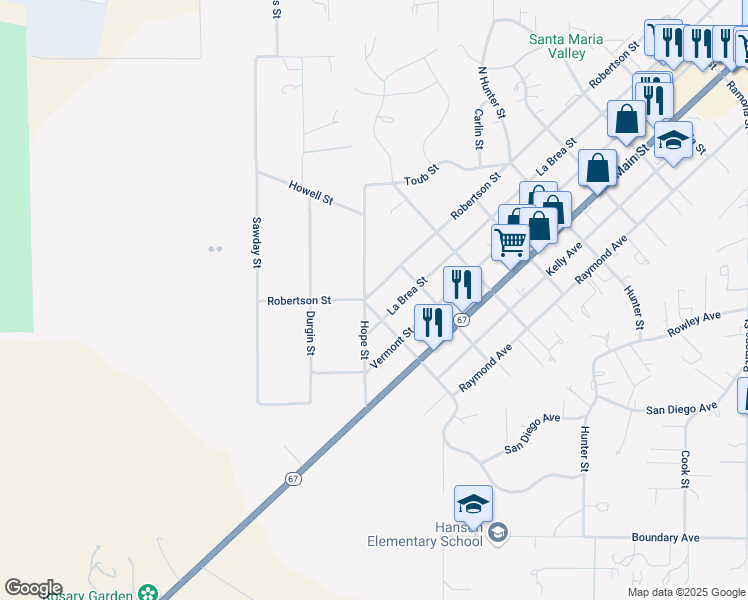 map of restaurants, bars, coffee shops, grocery stores, and more near 2542 Robertson Street in Ramona