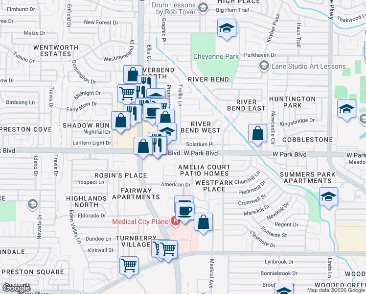 map of restaurants, bars, coffee shops, grocery stores, and more near 3808 Solarium Place in Plano