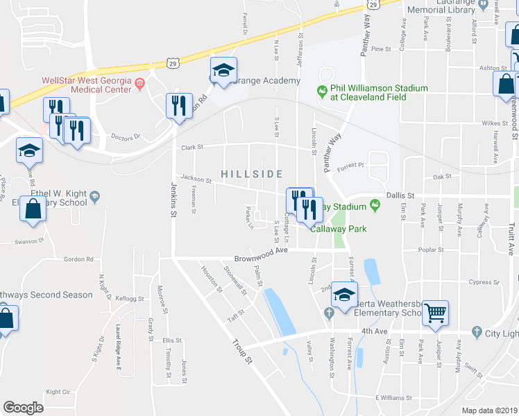 map of restaurants, bars, coffee shops, grocery stores, and more near 133 Garfield Street in LaGrange