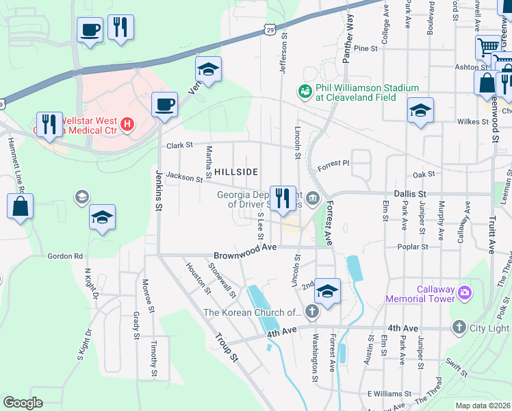 map of restaurants, bars, coffee shops, grocery stores, and more near 609 South Lee Street in LaGrange