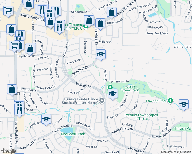 map of restaurants, bars, coffee shops, grocery stores, and more near 3000 Brush Creek Lane in Flower Mound