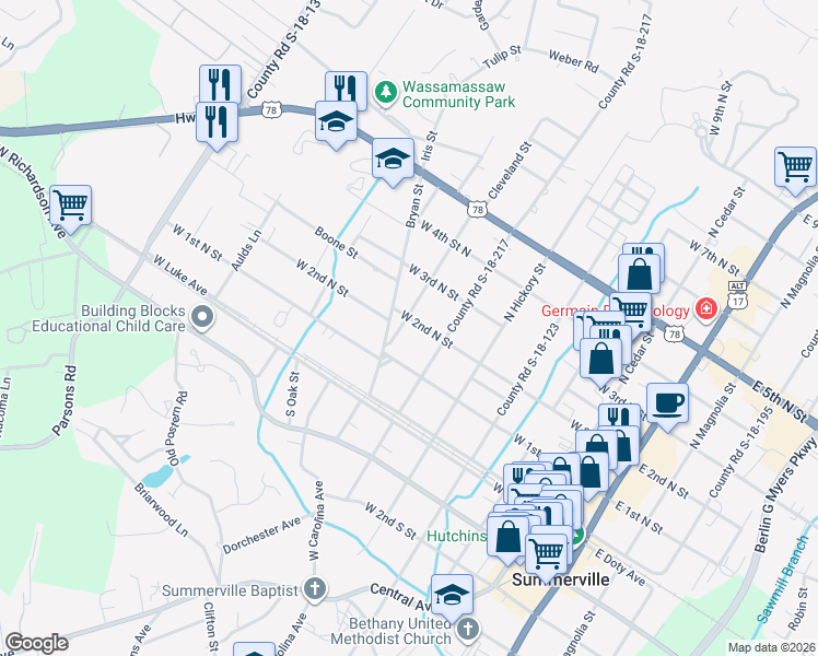 map of restaurants, bars, coffee shops, grocery stores, and more near 616 West 2nd North Street in Summerville