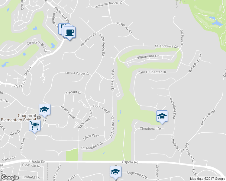 map of restaurants, bars, coffee shops, grocery stores, and more near 17351 Saint Andrews Drive in Poway