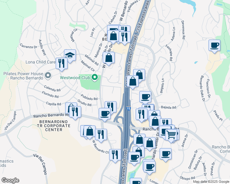 map of restaurants, bars, coffee shops, grocery stores, and more near 17155 West Bernardo Drive in San Diego