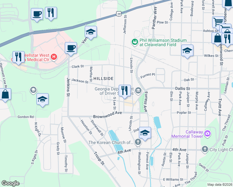 map of restaurants, bars, coffee shops, grocery stores, and more near 609 South Lee Street in LaGrange