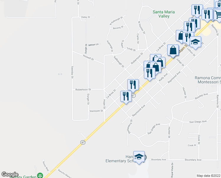 map of restaurants, bars, coffee shops, grocery stores, and more near 2542 Robertson Street in Ramona
