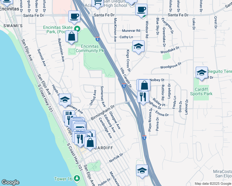 map of restaurants, bars, coffee shops, grocery stores, and more near 1805 Mackinnon Avenue in Encinitas