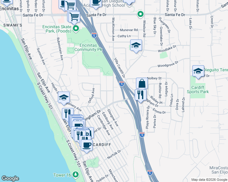 map of restaurants, bars, coffee shops, grocery stores, and more near 1805 Mackinnon Avenue in Encinitas