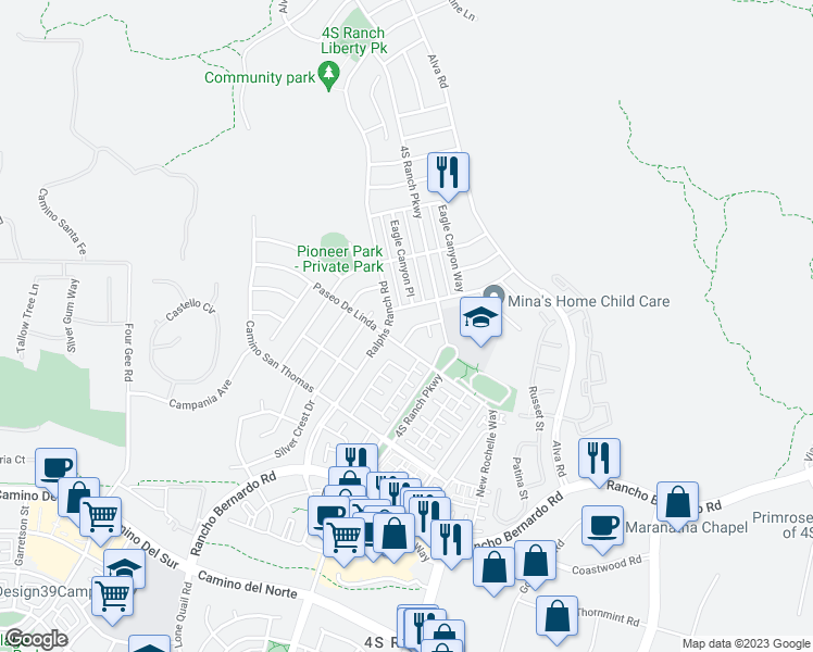 map of restaurants, bars, coffee shops, grocery stores, and more near 17136 Glen Aspen Drive in San Diego