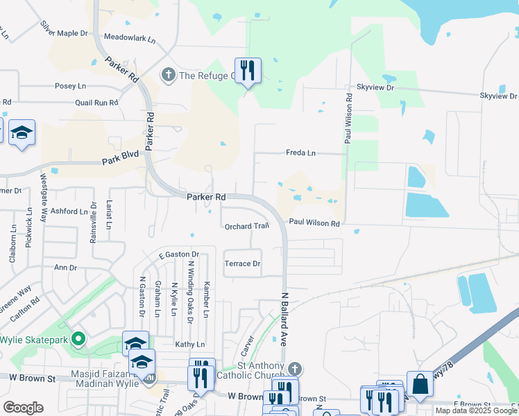 map of restaurants, bars, coffee shops, grocery stores, and more near 215 Millstone Drive in Wylie