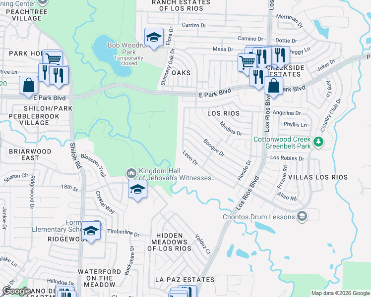 map of restaurants, bars, coffee shops, grocery stores, and more near 3900 Leon Drive in Plano