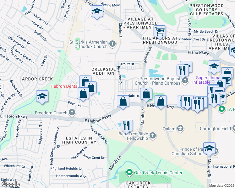 map of restaurants, bars, coffee shops, grocery stores, and more near 4228 Charles Street in Carrollton