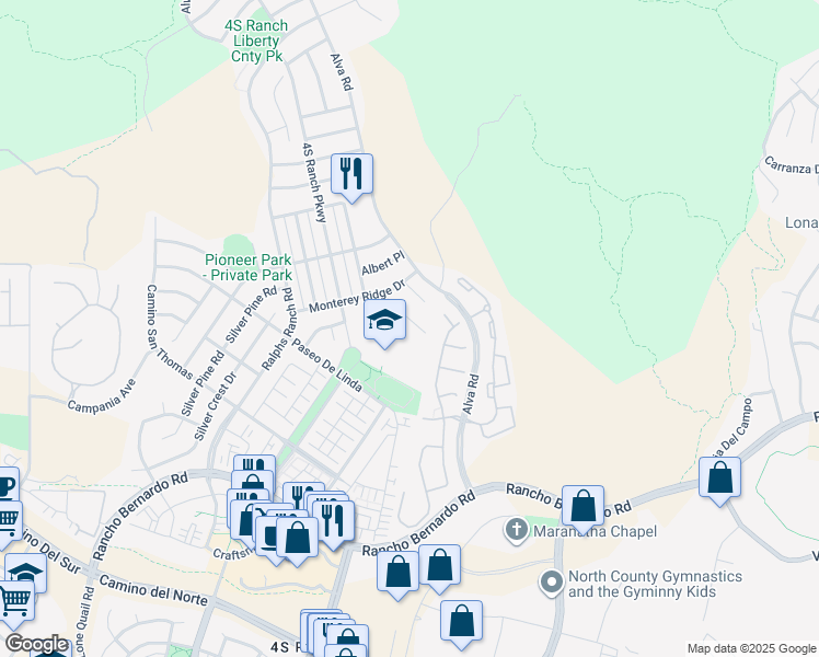 map of restaurants, bars, coffee shops, grocery stores, and more near 17134 Monterey Ridge Way in San Diego