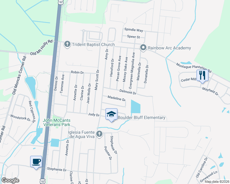 map of restaurants, bars, coffee shops, grocery stores, and more near 411 Madeline Drive in Goose Creek