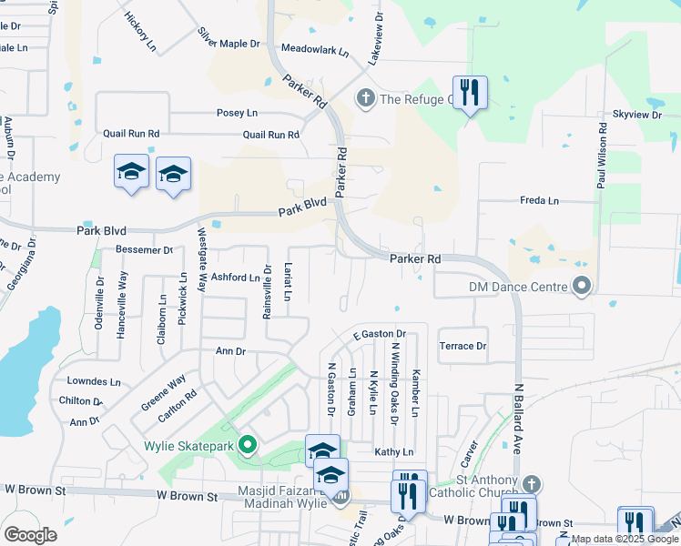 map of restaurants, bars, coffee shops, grocery stores, and more near 709 Parker Road Loop in Wylie
