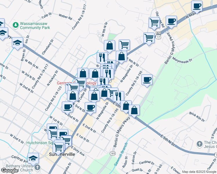 map of restaurants, bars, coffee shops, grocery stores, and more near 611 North Main Street in Summerville
