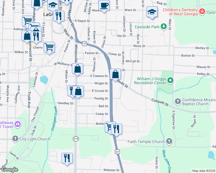 map of restaurants, bars, coffee shops, grocery stores, and more near 219 East Crovat Street in LaGrange