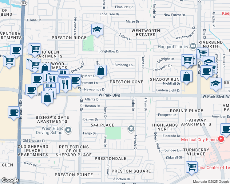 map of restaurants, bars, coffee shops, grocery stores, and more near 2000 Decator Drive in Plano
