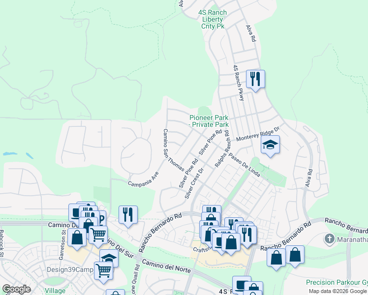 map of restaurants, bars, coffee shops, grocery stores, and more near 17031 Sienna Ridge Drive in San Diego