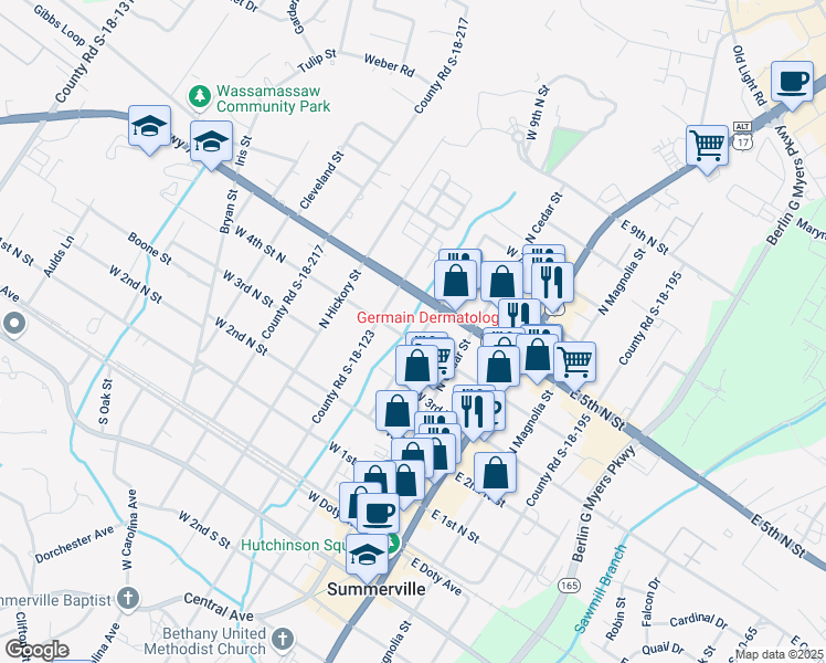 map of restaurants, bars, coffee shops, grocery stores, and more near 300 West 4th Street North in Summerville