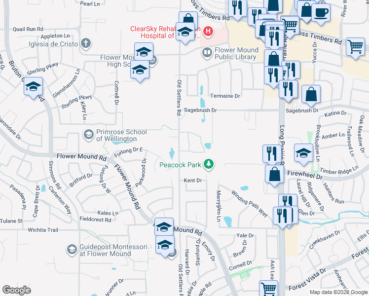map of restaurants, bars, coffee shops, grocery stores, and more near 3117 Germar Street in Flower Mound