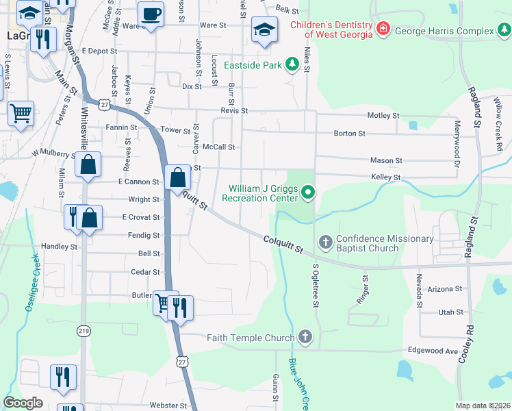 map of restaurants, bars, coffee shops, grocery stores, and more near 628 Smoot Street in LaGrange