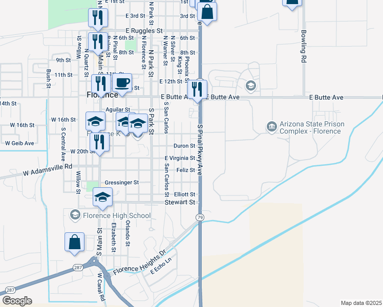 map of restaurants, bars, coffee shops, grocery stores, and more near 450 South Pinal Parkway Avenue in Florence