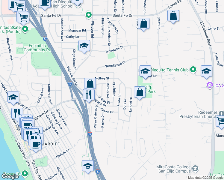 map of restaurants, bars, coffee shops, grocery stores, and more near 1702 Legaye Drive in Encinitas