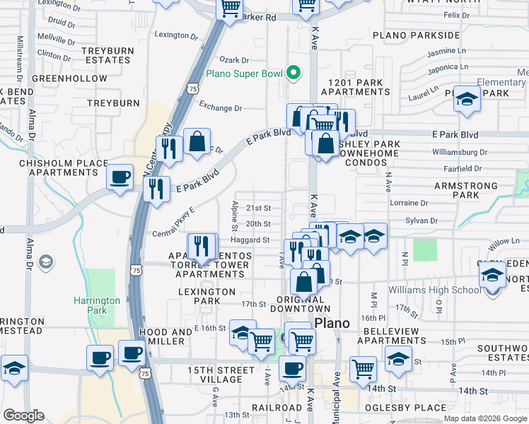 map of restaurants, bars, coffee shops, grocery stores, and more near 907 20th Street in Plano