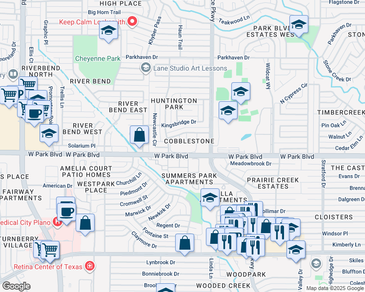 map of restaurants, bars, coffee shops, grocery stores, and more near 3131 West Park Boulevard in Plano