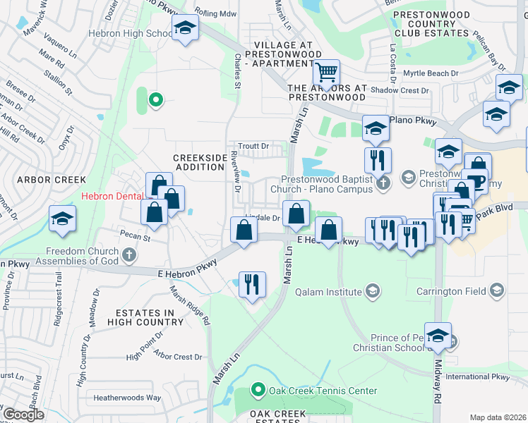 map of restaurants, bars, coffee shops, grocery stores, and more near 2933 Lindale Drive in Carrollton