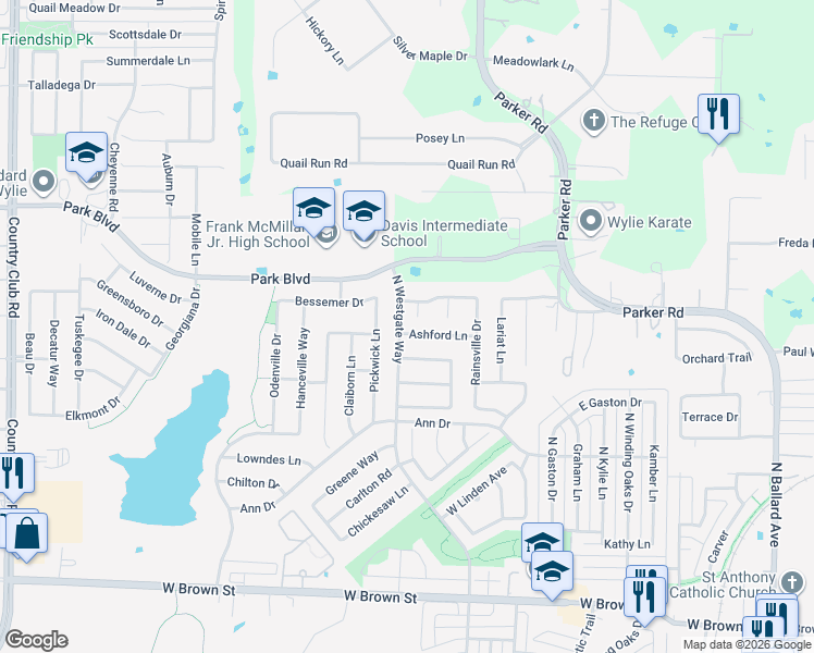 map of restaurants, bars, coffee shops, grocery stores, and more near 724 Ashford Lane in Wylie