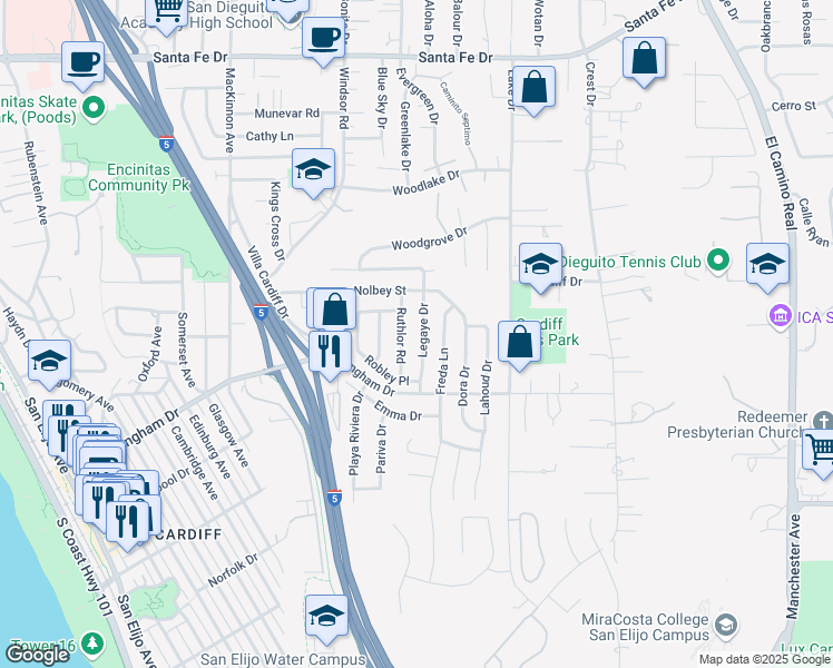 map of restaurants, bars, coffee shops, grocery stores, and more near 1652 Legaye Drive in Encinitas
