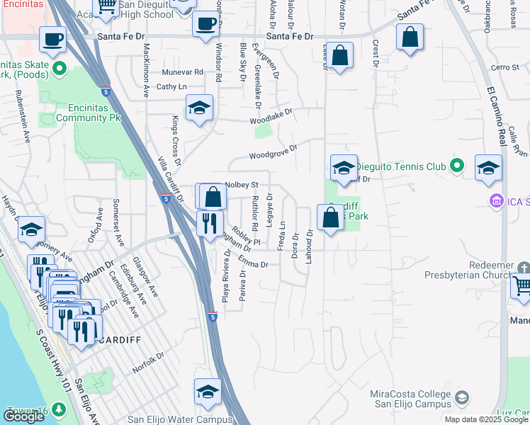 map of restaurants, bars, coffee shops, grocery stores, and more near 1652 Legaye Drive in Encinitas