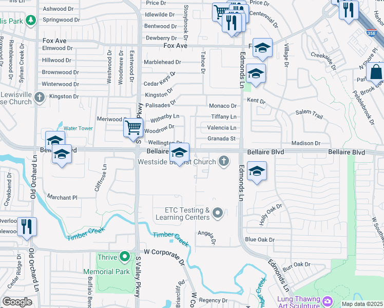 map of restaurants, bars, coffee shops, grocery stores, and more near 998 Bellaire Boulevard in Lewisville