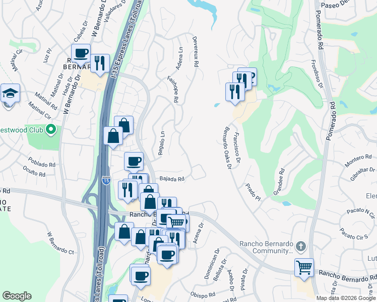 map of restaurants, bars, coffee shops, grocery stores, and more near 12147 Bajada Road in San Diego