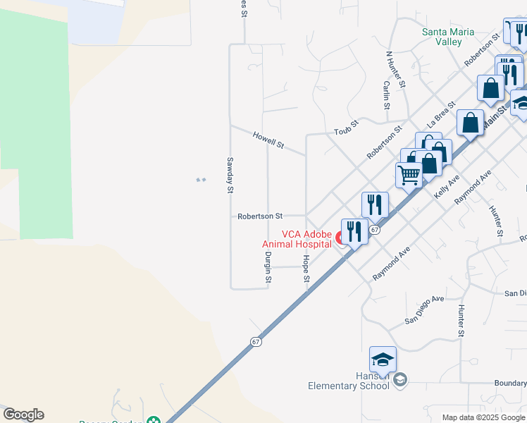 map of restaurants, bars, coffee shops, grocery stores, and more near 2707 Robertson Street in Ramona