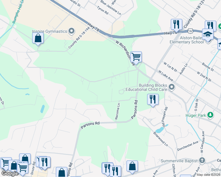 map of restaurants, bars, coffee shops, grocery stores, and more near 122 Candace Court in Summerville