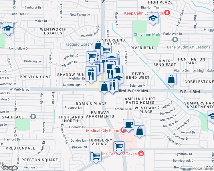 map of restaurants, bars, coffee shops, grocery stores, and more near in Plano