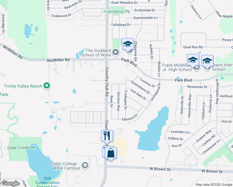 map of restaurants, bars, coffee shops, grocery stores, and more near 706 Decatur Way in Wylie
