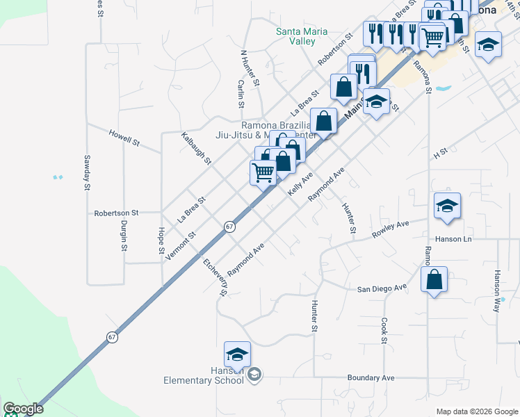 map of restaurants, bars, coffee shops, grocery stores, and more near 2366 Main Street in Ramona