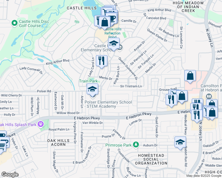 map of restaurants, bars, coffee shops, grocery stores, and more near 2502 Sir Tristram Lane in Lewisville