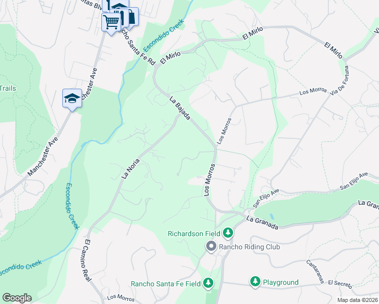 map of restaurants, bars, coffee shops, grocery stores, and more near 17410 La Bajada in Rancho Santa Fe